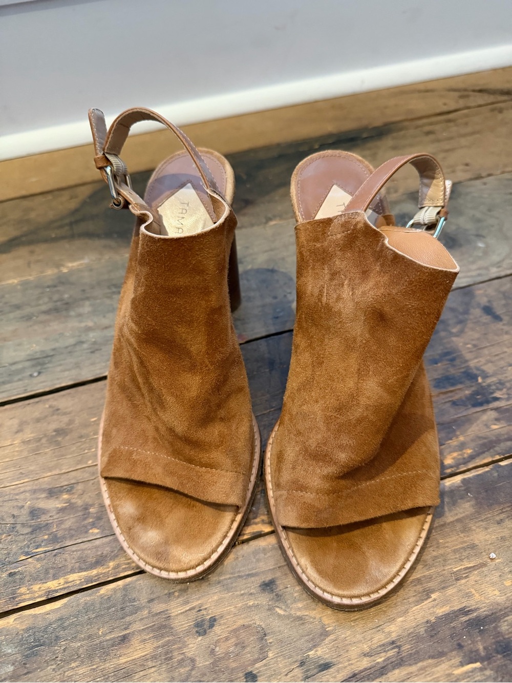 Tamara Mellon Cognac Suede Open-Toe Slingback Mules